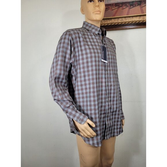 Roundtree & Yorke Mens SIZE XL Brown Checkered Button-Down Shirt Long Sleeve - Picture 8 of 10